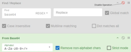 Screenshot showing CyberChef's Disable Operation. The example shows Find / Replace disabled