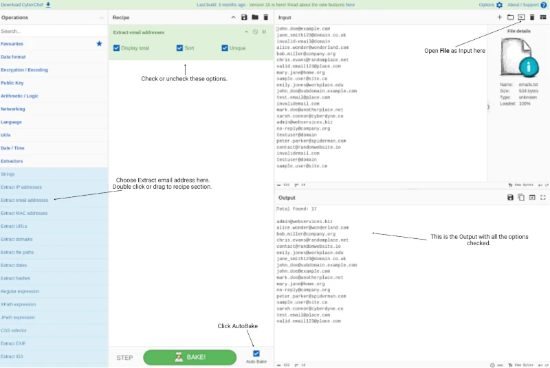 CyberChef tutorial screenshot showing the interface with arrows pointing to the various options on the screen