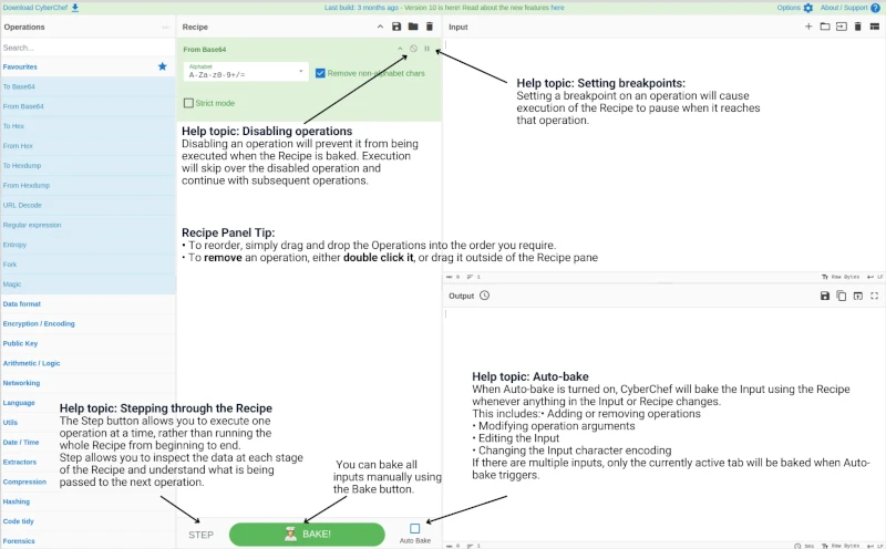 CyberChef dashboard with highlighted contextual help examples