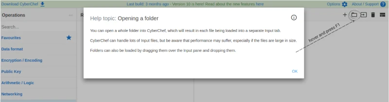 CyberChef tutorial screenshot showing the interface showing an arrow pointing to the folder icon the screen