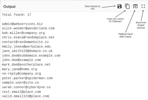 Screenshot showing CyberChef's Output options. The example shows arrows pointing to the various Output options on the screen