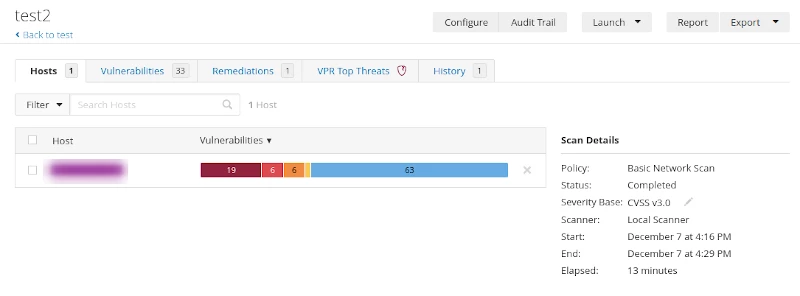 nessus scan results showing number of vulnerabilties located