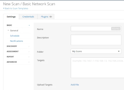 nessus new scan or basic scan template