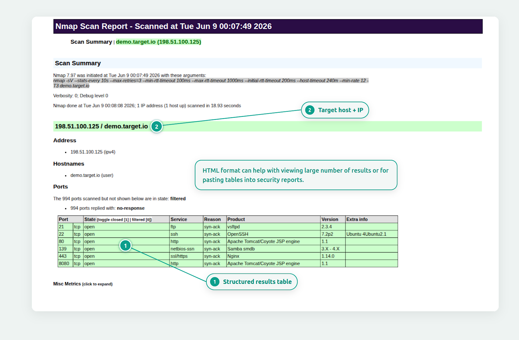 HTML Nmap scan report preview showing formatted port scan results