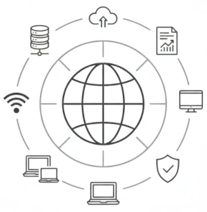 Line drawing showing world with devices circling its perimeter