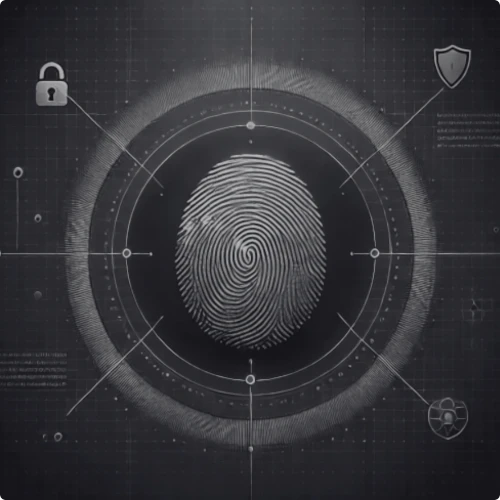 greyscale image showing thumbprint with shield icons surrounding it