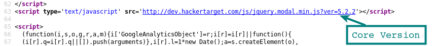 Source code showing the version appended as a parameter on links to javascript and css