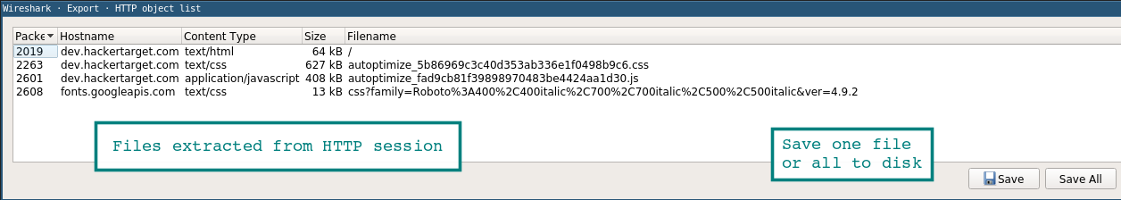 Screenshot showing the Wireshark export file object Window